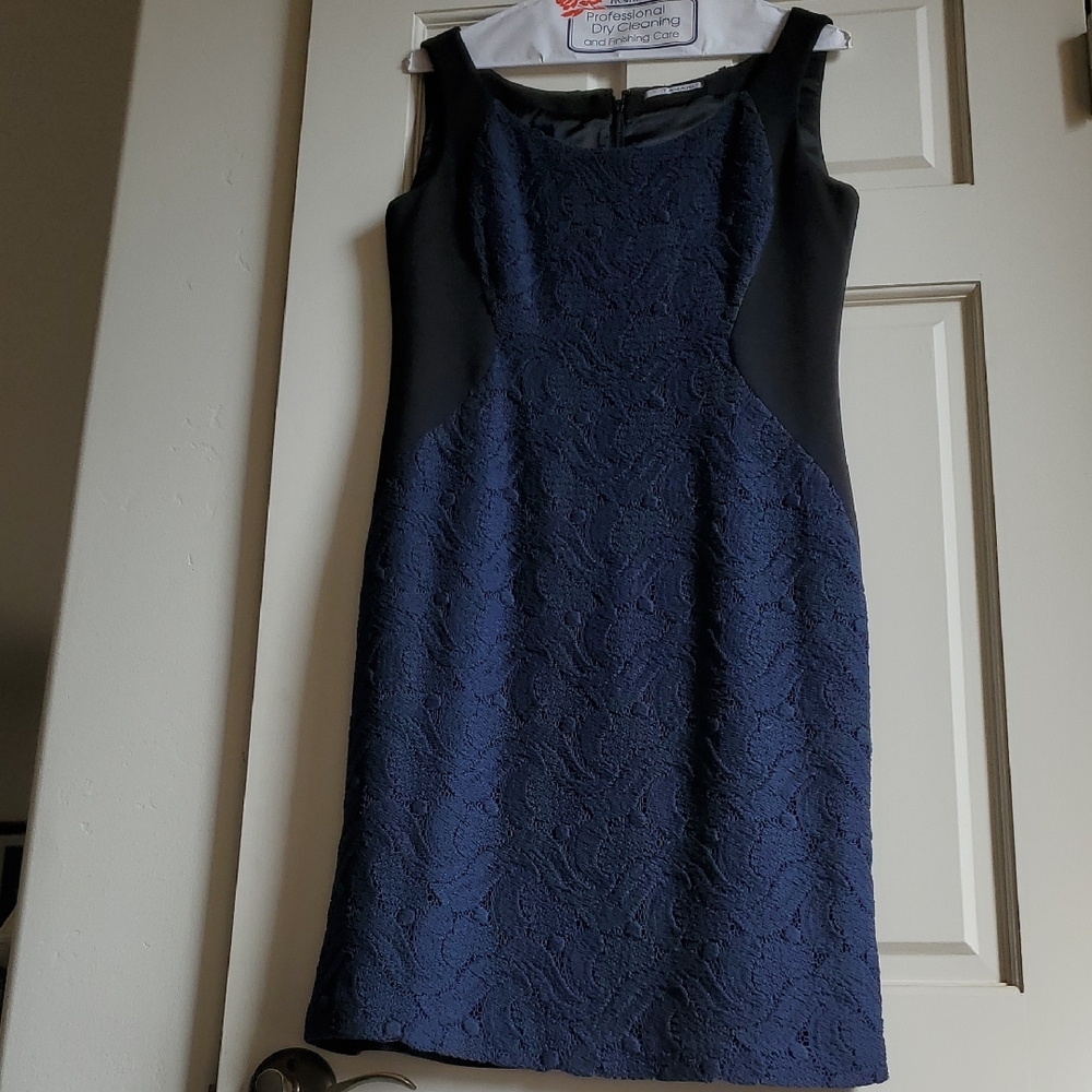 Blue/Black Tahari Sleeveless Sheath Dress With Lace Inset Panel
